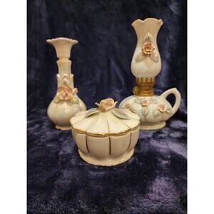 Midcentury Lusterware Mini Oil Lamp Multi Color Flowers, Bud Vase & Trinket Dish